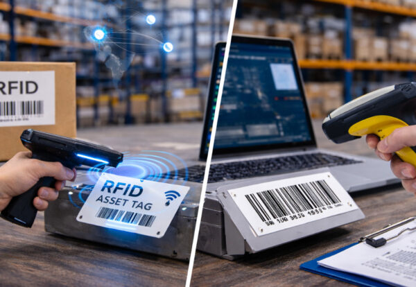 RFID asset tracking compared with barcode asset tracking in an enterprise warehouse environment.