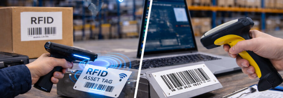 RFID asset tracking compared with barcode asset tracking in an enterprise warehouse environment.