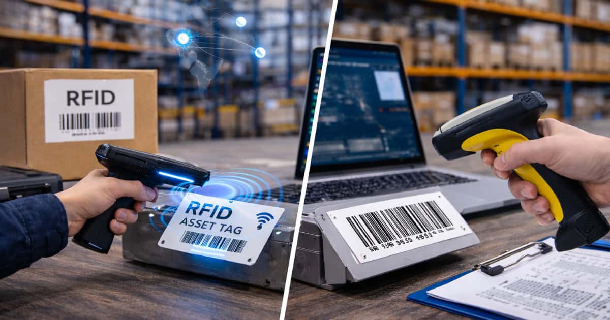 RFID asset tracking compared with barcode asset tracking in an enterprise warehouse environment.